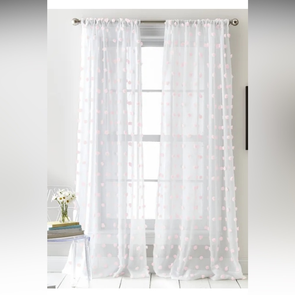 DKNY Sheer Window Curtain Pair with clip dot Pink Pom-Pom for dorm or home.